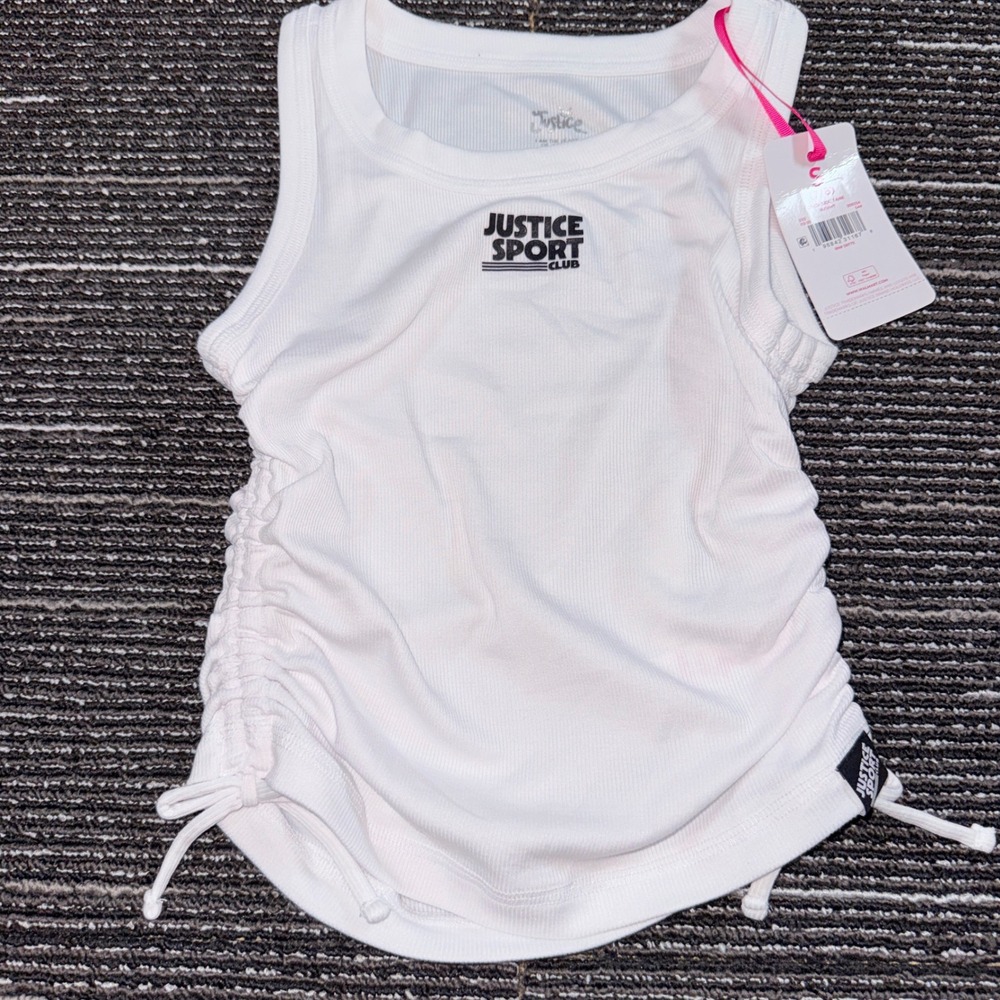 Justice Sport Cinch Side Tank Kids Size S 7/8 New White Ribbed Ruched Top